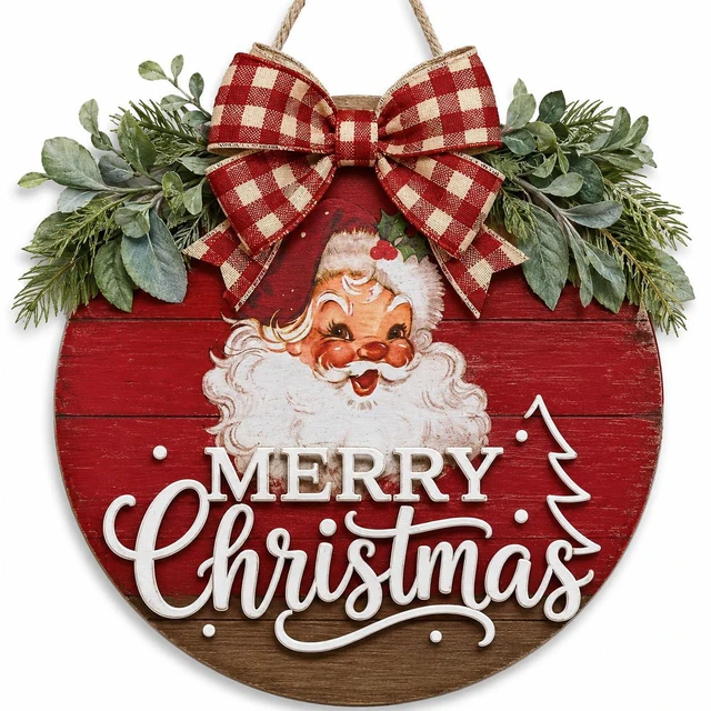 Main image of Christmas Wreath for Front Door, Vintage Christmas Santa Wooden Decor | Merry Christmas Wreath With Santa, Perfect For Christmas Front Door, Porch Entryway Outdoor Halloween Fall Winter Decor