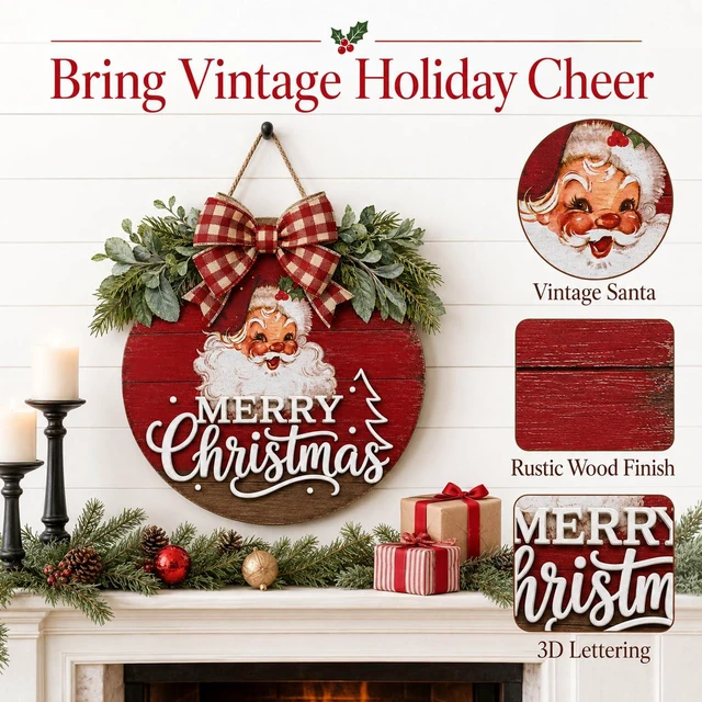 Alt view image 3 of 6 - Christmas Wreath for Front Door, Vintage Christmas Santa Wooden Decor | Merry Christmas Wreath With Santa, Perfect For Christmas Front Door, Porch Entryway Outdoor Halloween Fall Winter Decor