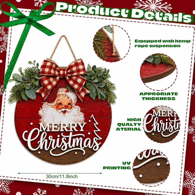 Alt view image 4 of 6 - Christmas Wreath for Front Door, Vintage Christmas Santa Wooden Decor | Merry Christmas Wreath With Santa, Perfect For Christmas Front Door, Porch Entryway Outdoor Halloween Fall Winter Decor