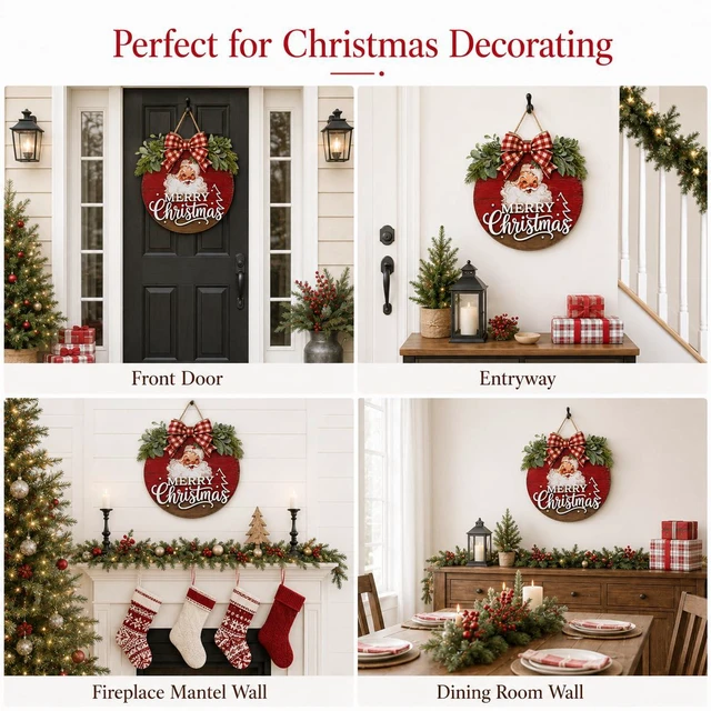 Alt view image 5 of 6 - Christmas Wreath for Front Door, Vintage Christmas Santa Wooden Decor | Merry Christmas Wreath With Santa, Perfect For Christmas Front Door, Porch Entryway Outdoor Halloween Fall Winter Decor