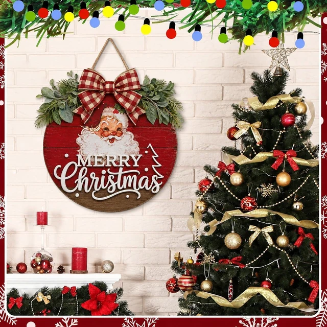 Alt view image 6 of 6 - Christmas Wreath for Front Door, Vintage Christmas Santa Wooden Decor | Merry Christmas Wreath With Santa, Perfect For Christmas Front Door, Porch Entryway Outdoor Halloween Fall Winter Decor