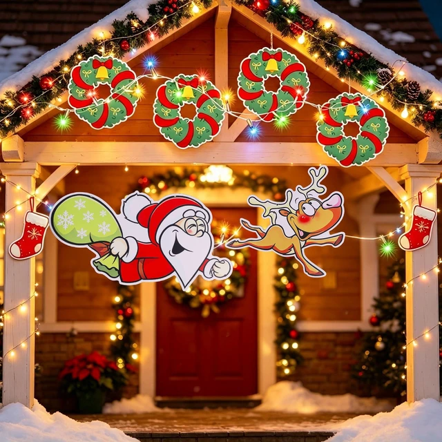 Main image of Outdoor Christmas Fence Decorations, Set of 6 Lighted Wreath Santa Wall Decorations with LED String Lights for Indoor, Patio, Garden, Fence, Wall, Door and Fireplace Decoration(Green Style 3)