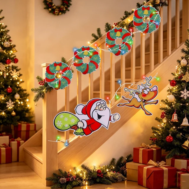 Alt view image 6 of 7 - Outdoor Christmas Fence Decorations, Set of 6 Lighted Wreath Santa Wall Decorations with LED String Lights for Indoor, Patio, Garden, Fence, Wall, Door and Fireplace Decoration(Green Style 3)