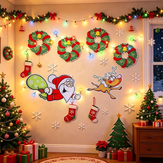 Alt view image 7 of 7 - Outdoor Christmas Fence Decorations, Set of 6 Lighted Wreath Santa Wall Decorations with LED String Lights for Indoor, Patio, Garden, Fence, Wall, Door and Fireplace Decoration(Green Style 3)