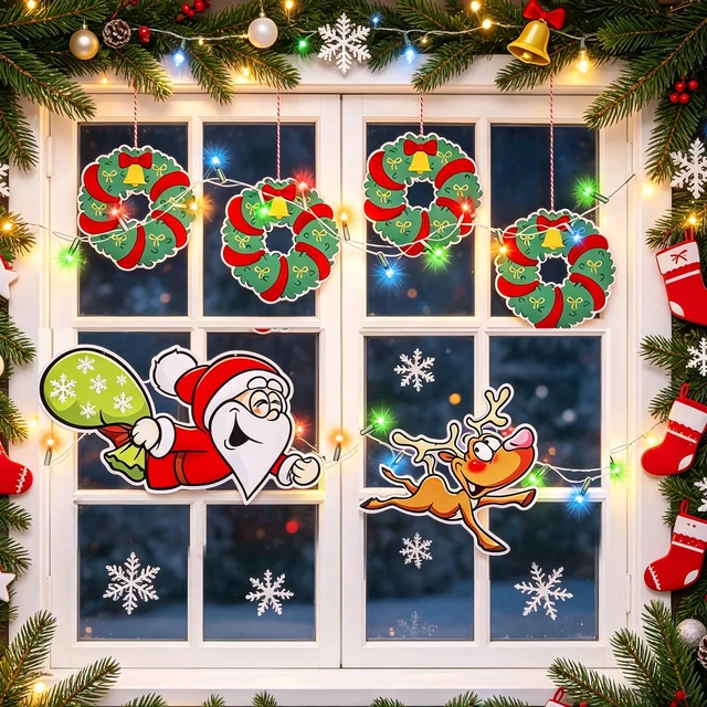 Alt view image 2 of 7 - Outdoor Christmas Fence Decorations, Set of 6 Lighted Wreath Santa Wall Decorations with LED String Lights for Indoor, Patio, Garden, Fence, Wall, Door and Fireplace Decoration(Green Style 3)