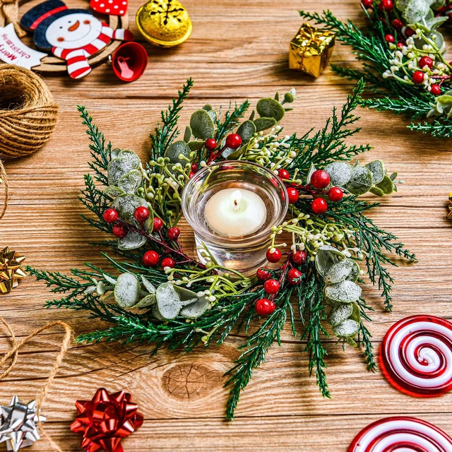Alt view image 2 of 7 - 4 Pcs 8" Mini Christmas Wreaths for Kitchen Cabinet | 8 Inch Small Wreath, Candle Ring Design, Red Ribbon Simple Style, ideal for Windows, Weddings Table Centerpieces