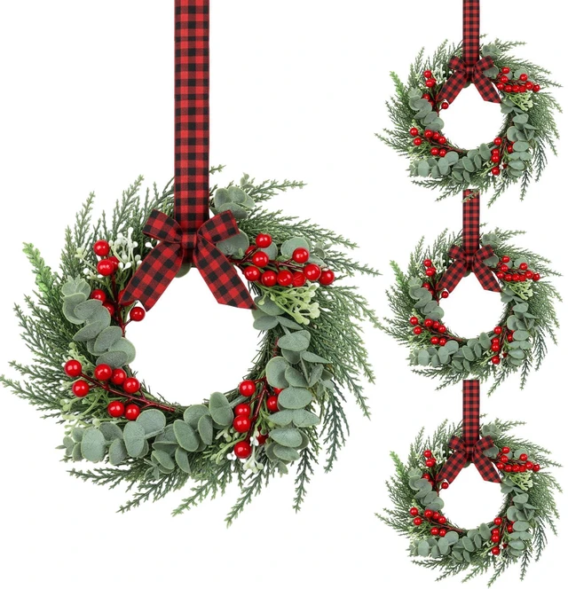 Main image of 4 Pcs 8" Mini Christmas Wreaths for Kitchen Cabinet | 8 Inch Small Wreath, Candle Ring Design, Red Ribbon Simple Style, ideal for Windows, Weddings Table Centerpieces