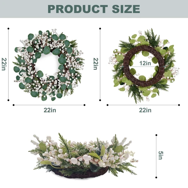Alt view image 4 of 7 - Artificial Winter Wreath 22inch Christmas Wreaths for Front Door White Berry Wreath with Eucalyptus Leaves Pine Needles White Berries for Xmas Wall Farmhouse Window Winter Holidays