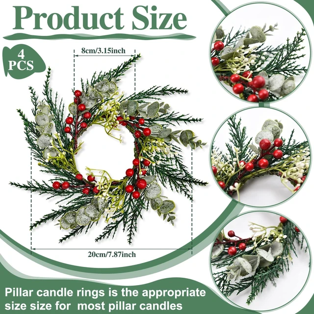 Alt view image 3 of 7 - 4 Pcs 8" Mini Christmas Wreaths for Kitchen Cabinet | 8 Inch Small Wreath, Candle Ring Design, Red Ribbon Simple Style, ideal for Windows, Weddings Table Centerpieces