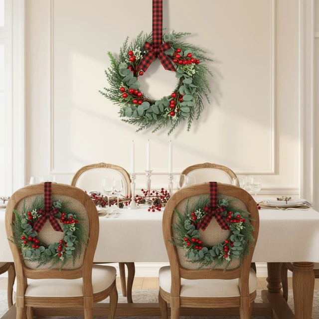 Alt view image 6 of 7 - 4 Pcs 8" Mini Christmas Wreaths for Kitchen Cabinet | 8 Inch Small Wreath, Candle Ring Design, Red Ribbon Simple Style, ideal for Windows, Weddings Table Centerpieces