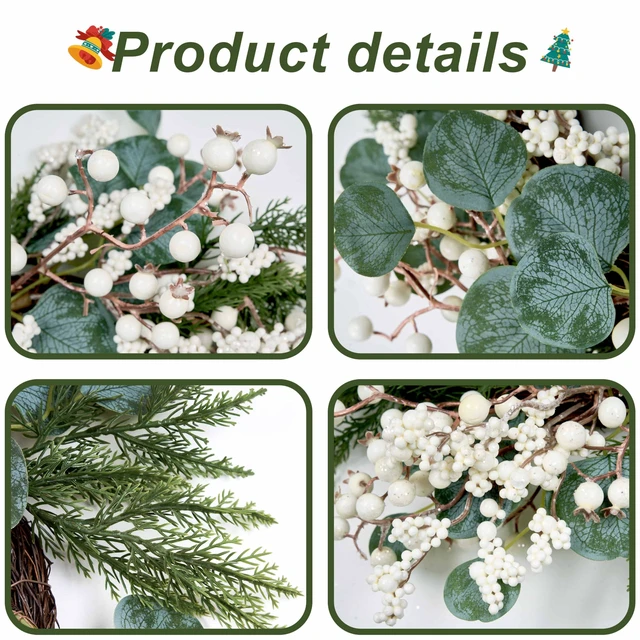 Alt view image 5 of 7 - Artificial Winter Wreath 22inch Christmas Wreaths for Front Door White Berry Wreath with Eucalyptus Leaves Pine Needles White Berries for Xmas Wall Farmhouse Window Winter Holidays