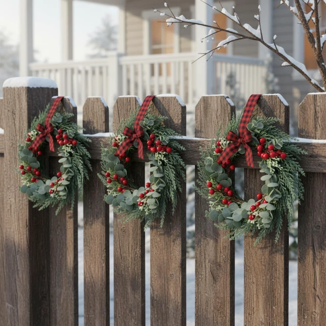Alt view image 7 of 7 - 4 Pcs 8" Mini Christmas Wreaths for Kitchen Cabinet | 8 Inch Small Wreath, Candle Ring Design, Red Ribbon Simple Style, ideal for Windows, Weddings Table Centerpieces