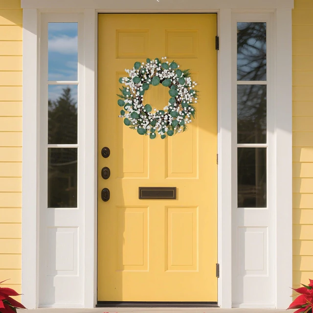 Alt view image 2 of 7 - Artificial Winter Wreath 22inch Christmas Wreaths for Front Door White Berry Wreath with Eucalyptus Leaves Pine Needles White Berries for Xmas Wall Farmhouse Window Winter Holidays