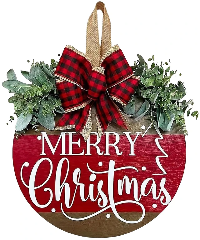 Main image of Christmas Wreaths for Front Door, Merry Christmas Door Hanger Sign Decor | Wooden Welcome Wreath Sign with Bow for Holiday Rustic Farmhouse Porch Wall Window Decorations