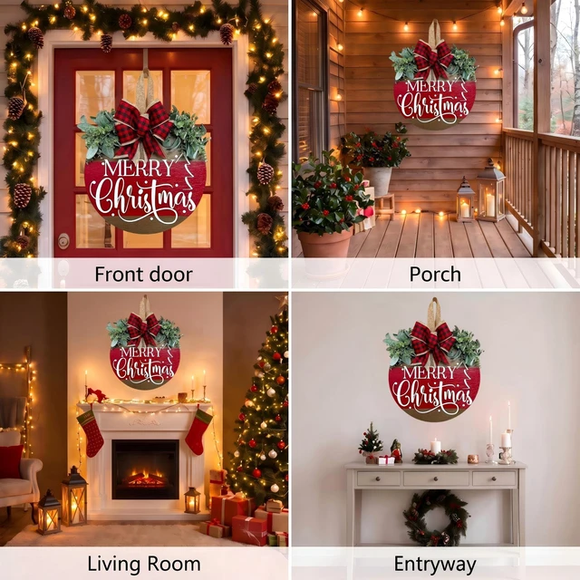 Alt view image 5 of 7 - Christmas Wreaths for Front Door, Merry Christmas Door Hanger Sign Decor | Wooden Welcome Wreath Sign with Bow for Holiday Rustic Farmhouse Porch Wall Window Decorations