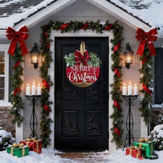 Alt view image 2 of 7 - Christmas Wreaths for Front Door, Merry Christmas Door Hanger Sign Decor | Wooden Welcome Wreath Sign with Bow for Holiday Rustic Farmhouse Porch Wall Window Decorations