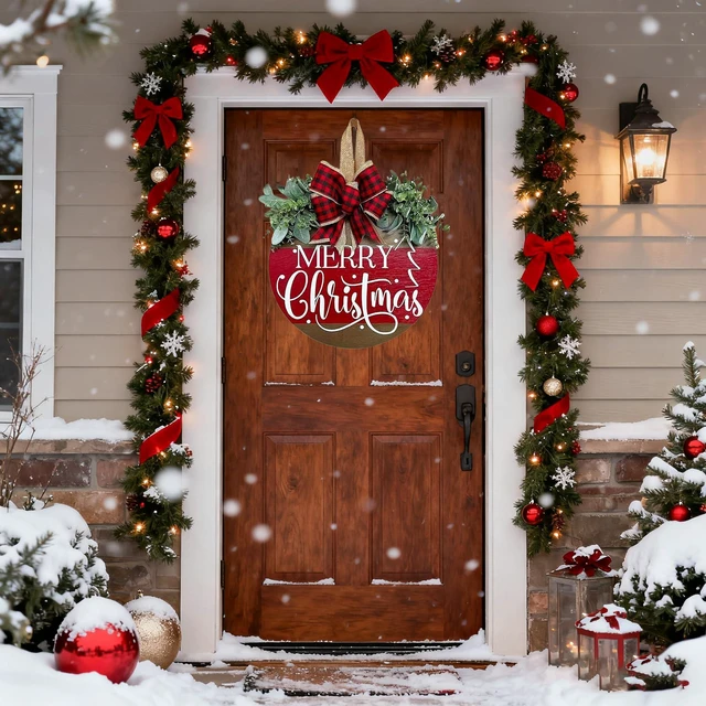 Alt view image 7 of 7 - Christmas Wreaths for Front Door, Merry Christmas Door Hanger Sign Decor | Wooden Welcome Wreath Sign with Bow for Holiday Rustic Farmhouse Porch Wall Window Decorations