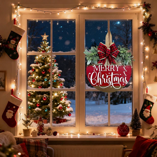 Alt view image 6 of 7 - Christmas Wreaths for Front Door, Merry Christmas Door Hanger Sign Decor | Wooden Welcome Wreath Sign with Bow for Holiday Rustic Farmhouse Porch Wall Window Decorations