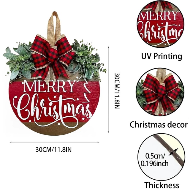 Alt view image 4 of 7 - Christmas Wreaths for Front Door, Merry Christmas Door Hanger Sign Decor | Wooden Welcome Wreath Sign with Bow for Holiday Rustic Farmhouse Porch Wall Window Decorations