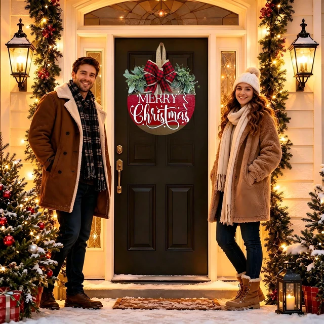 Alt view image 3 of 7 - Christmas Wreaths for Front Door, Merry Christmas Door Hanger Sign Decor | Wooden Welcome Wreath Sign with Bow for Holiday Rustic Farmhouse Porch Wall Window Decorations