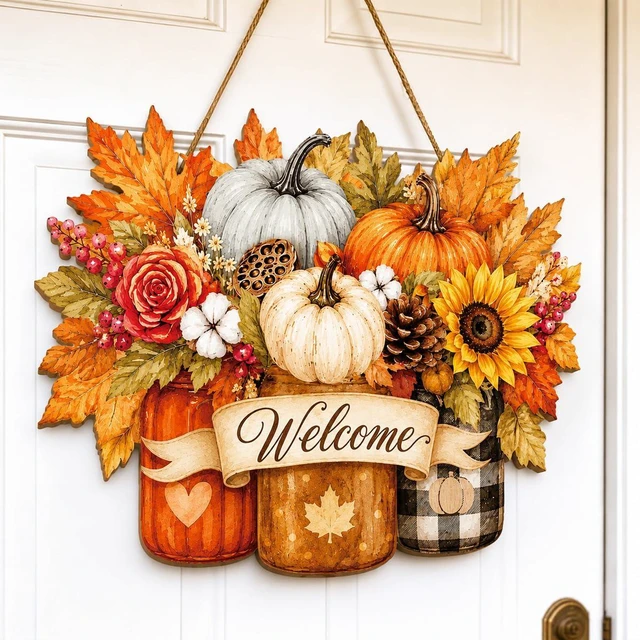 Main image of Fall Door Decor Wooden Pumpkin Door Hanger, Welcome Sign for Front Door | Wooden pumpkin door hanger for front door, porch, wall, outdoor fall decor, and Thanksgiving autumn decorations.