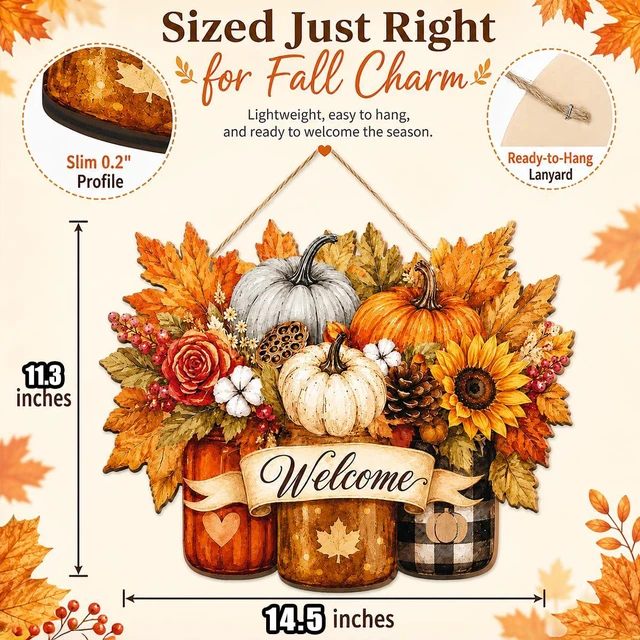 Alt view image 2 of 6 - Fall Door Decor Wooden Pumpkin Door Hanger, Welcome Sign for Front Door | Wooden pumpkin door hanger for front door, porch, wall, outdoor fall decor, and Thanksgiving autumn decorations.