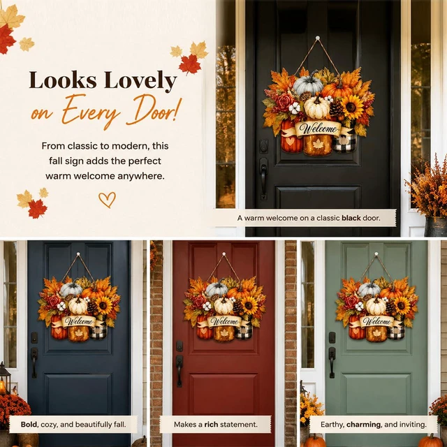 Alt view image 4 of 6 - Fall Door Decor Wooden Pumpkin Door Hanger, Welcome Sign for Front Door | Wooden pumpkin door hanger for front door, porch, wall, outdoor fall decor, and Thanksgiving autumn decorations.