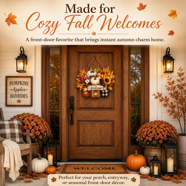 Alt view image 3 of 6 - Fall Door Decor Wooden Pumpkin Door Hanger, Welcome Sign for Front Door | Wooden pumpkin door hanger for front door, porch, wall, outdoor fall decor, and Thanksgiving autumn decorations.