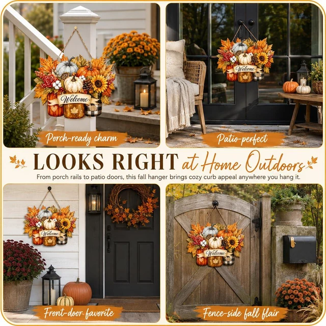 Alt view image 5 of 6 - Fall Door Decor Wooden Pumpkin Door Hanger, Welcome Sign for Front Door | Wooden pumpkin door hanger for front door, porch, wall, outdoor fall decor, and Thanksgiving autumn decorations.