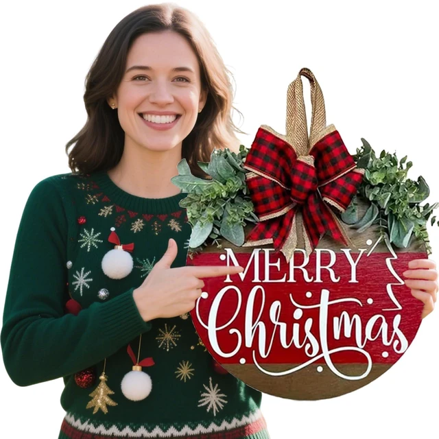 Main image of Merry Christmas Door Hanger Sign for Front, Chrismas Welcome Wooden Wreaths Sign with Bow for Winter Farmhouse Garden Porch Decorations (Merry Christmas Wreath)