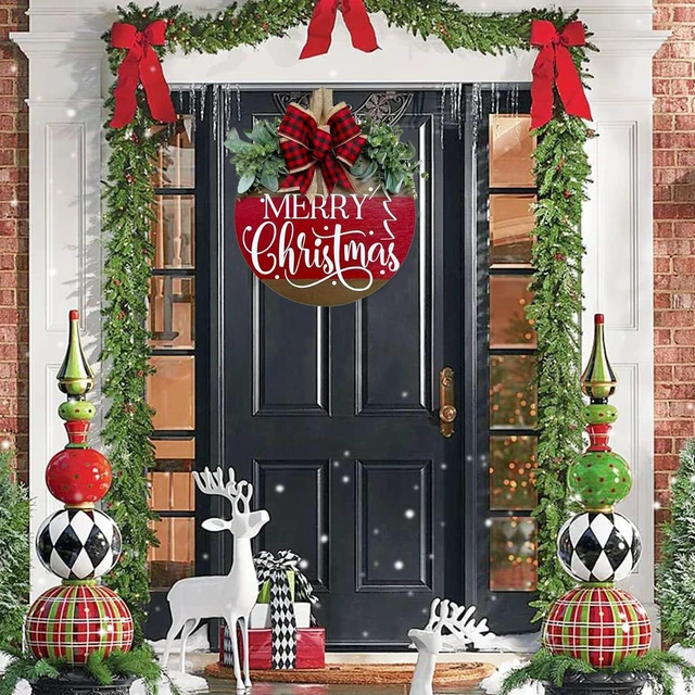 Alt view image 2 of 7 - Merry Christmas Door Hanger Sign for Front, Chrismas Welcome Wooden Wreaths Sign with Bow for Winter Farmhouse Garden Porch Decorations (Merry Christmas Wreath)