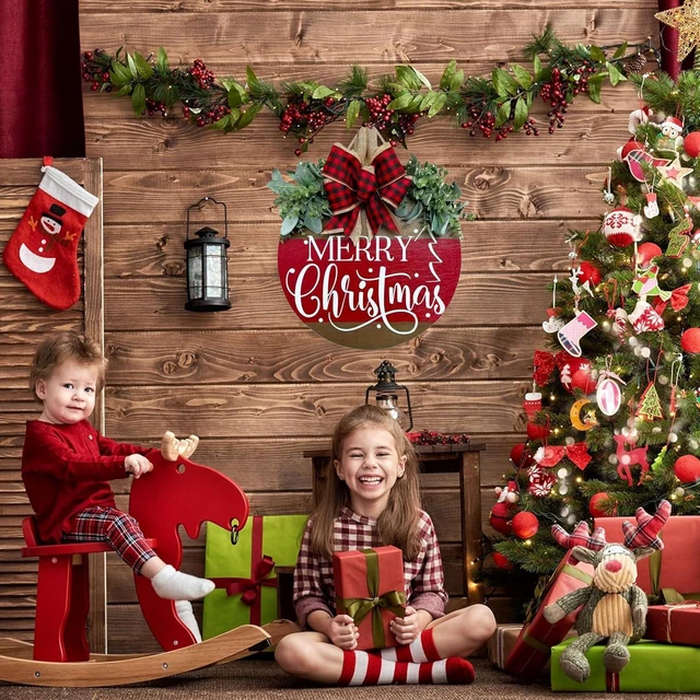 Alt view image 3 of 7 - Merry Christmas Door Hanger Sign for Front, Chrismas Welcome Wooden Wreaths Sign with Bow for Winter Farmhouse Garden Porch Decorations (Merry Christmas Wreath)