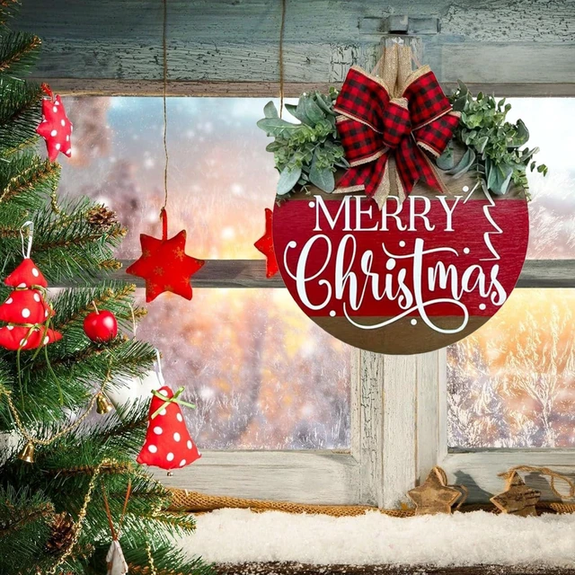 Alt view image 4 of 7 - Merry Christmas Door Hanger Sign for Front, Chrismas Welcome Wooden Wreaths Sign with Bow for Winter Farmhouse Garden Porch Decorations (Merry Christmas Wreath)