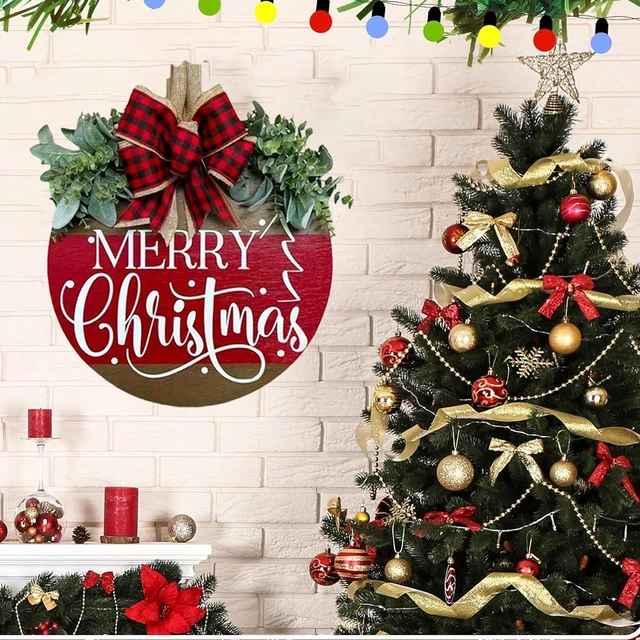 Alt view image 5 of 7 - Merry Christmas Door Hanger Sign for Front, Chrismas Welcome Wooden Wreaths Sign with Bow for Winter Farmhouse Garden Porch Decorations (Merry Christmas Wreath)