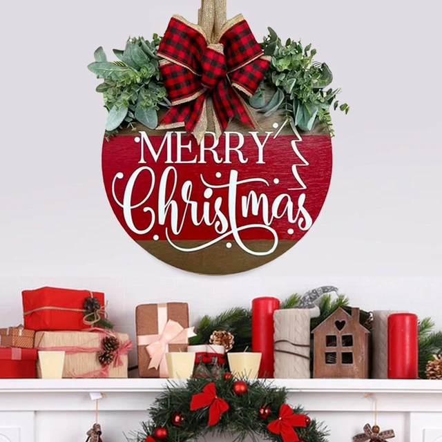 Alt view image 6 of 7 - Merry Christmas Door Hanger Sign for Front, Chrismas Welcome Wooden Wreaths Sign with Bow for Winter Farmhouse Garden Porch Decorations (Merry Christmas Wreath)