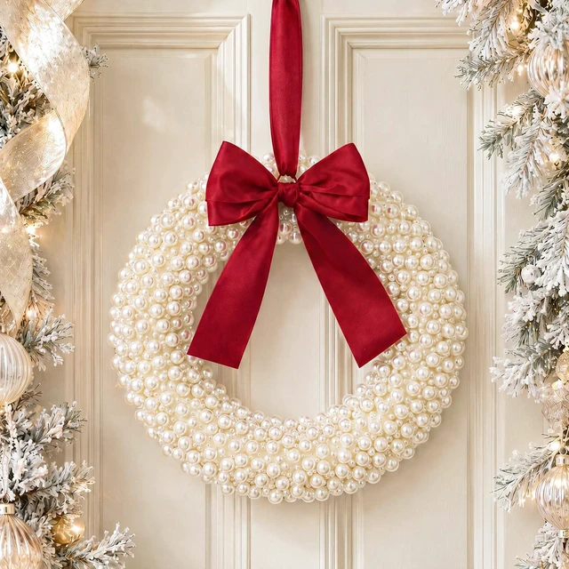 Main image of 8 Inch Handmade White Pearl Christmas Wreath for Front Door | Luxury Small Christmas Wreath with Burgundy Satin Bow, Xmas White Pearl Decor for Wall, Window, Mantel, Indoor Outdoor Decor
