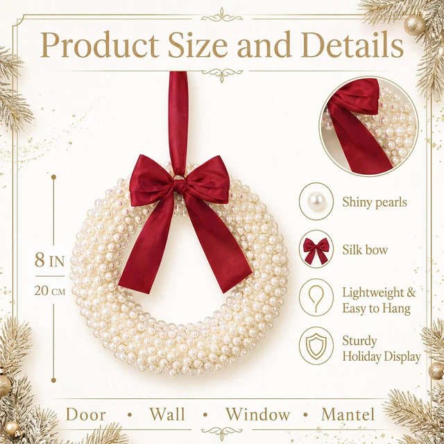 Alt view image 2 of 7 - 8 Inch Handmade White Pearl Christmas Wreath for Front Door | Luxury Small Christmas Wreath with Burgundy Satin Bow, Xmas White Pearl Decor for Wall, Window, Mantel, Indoor Outdoor Decor