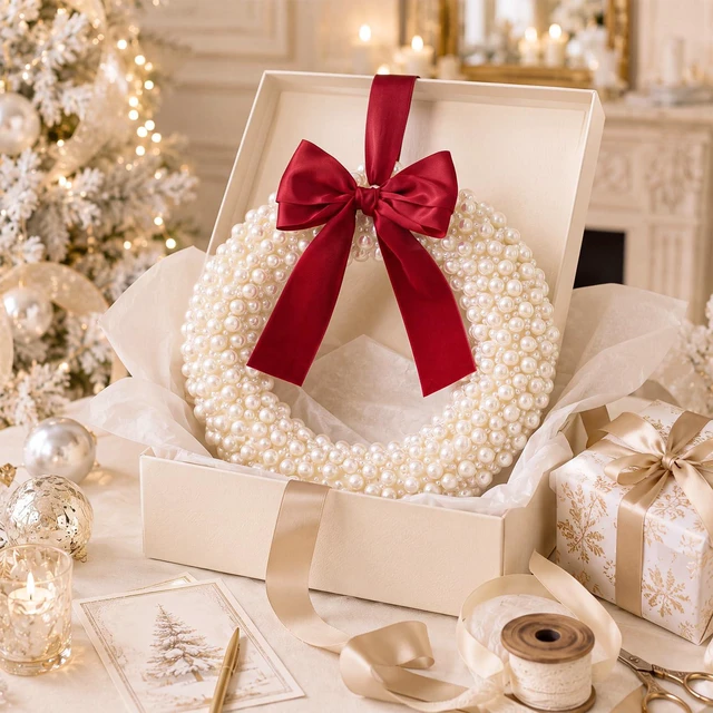Alt view image 7 of 7 - 8 Inch Handmade White Pearl Christmas Wreath for Front Door | Luxury Small Christmas Wreath with Burgundy Satin Bow, Xmas White Pearl Decor for Wall, Window, Mantel, Indoor Outdoor Decor