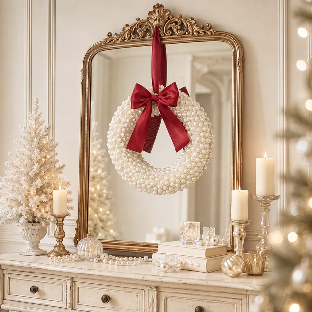 Alt view image 5 of 7 - 8 Inch Handmade White Pearl Christmas Wreath for Front Door | Luxury Small Christmas Wreath with Burgundy Satin Bow, Xmas White Pearl Decor for Wall, Window, Mantel, Indoor Outdoor Decor