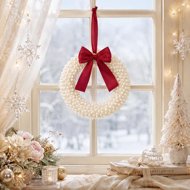 Alt view image 4 of 7 - 8 Inch Handmade White Pearl Christmas Wreath for Front Door | Luxury Small Christmas Wreath with Burgundy Satin Bow, Xmas White Pearl Decor for Wall, Window, Mantel, Indoor Outdoor Decor