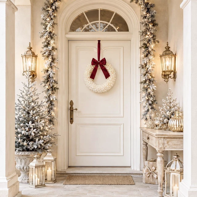 Alt view image 3 of 7 - 8 Inch Handmade White Pearl Christmas Wreath for Front Door | Luxury Small Christmas Wreath with Burgundy Satin Bow, Xmas White Pearl Decor for Wall, Window, Mantel, Indoor Outdoor Decor