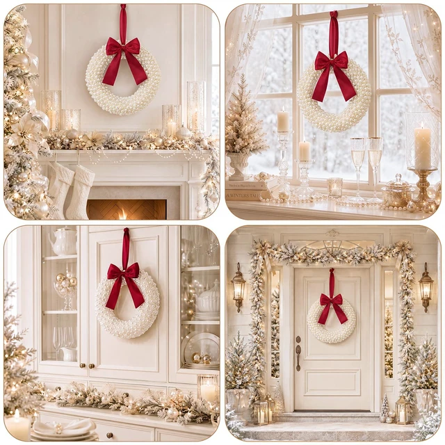 Alt view image 6 of 7 - 8 Inch Handmade White Pearl Christmas Wreath for Front Door | Luxury Small Christmas Wreath with Burgundy Satin Bow, Xmas White Pearl Decor for Wall, Window, Mantel, Indoor Outdoor Decor