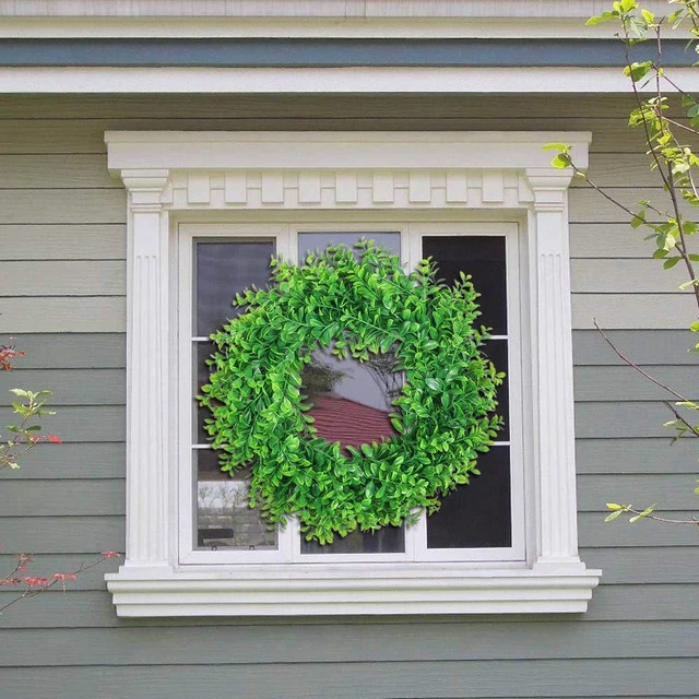 Alt view image 6 of 7 - 17" Front Door Boxwood Wreaths, Spring Summer Green Wreath | 1Pc 17inch Boxwood, Greenery, Small, for Home Wedding Wall Window Decoration