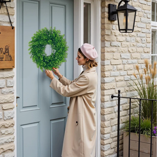 Alt view image 7 of 7 - 17" Front Door Boxwood Wreaths, Spring Summer Green Wreath | 1Pc 17inch Boxwood, Greenery, Small, for Home Wedding Wall Window Decoration