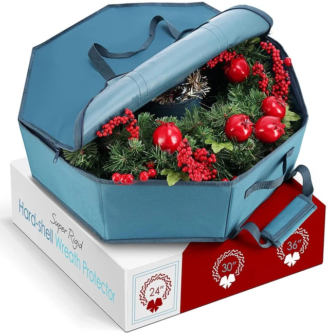 Alt view image 2 of 7 - Wreath Storage Container - Hard Shell Christmas Wreath Storage Bag with Interior Pockets, Dual Zipper and Handles - 24" Premium Wreath Storage Organizer Box by Hearth & Harbor