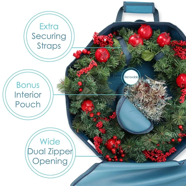 Alt view image 4 of 7 - Wreath Storage Container - Hard Shell Christmas Wreath Storage Bag with Interior Pockets, Dual Zipper and Handles - 24" Premium Wreath Storage Organizer Box by Hearth & Harbor