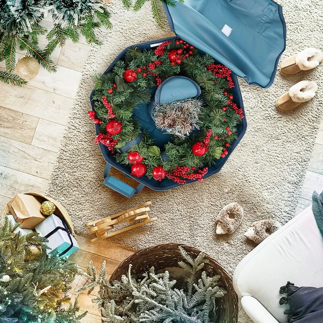 Alt view image 7 of 7 - Wreath Storage Container - Hard Shell Christmas Wreath Storage Bag with Interior Pockets, Dual Zipper and Handles - 24" Premium Wreath Storage Organizer Box by Hearth & Harbor