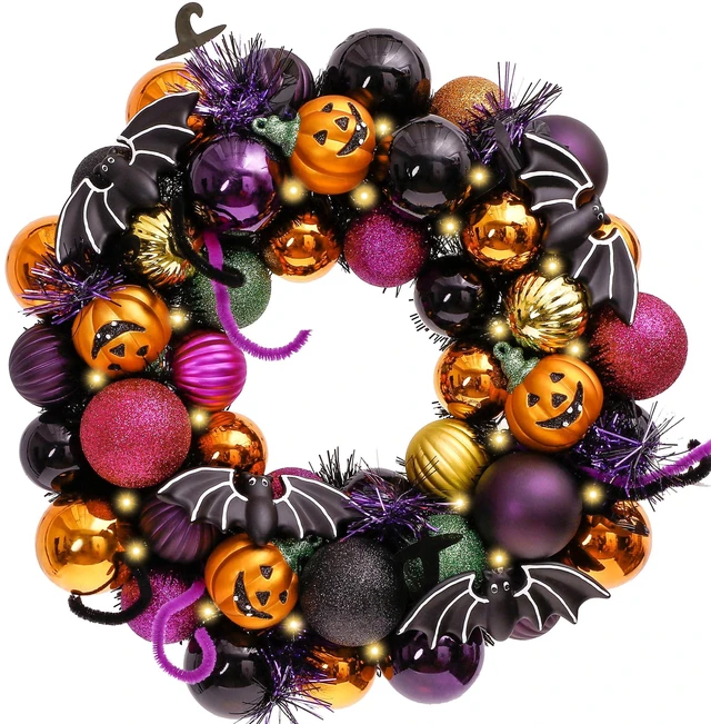 Main image of Halloween Decorations 12" Pumpkin Wreath for Front Door | Pre-Lit 60ct Shatterproof Treat-or-Trick Ball Ornaments Wreath for Centerpiece Wall Indoor Home Party Decor