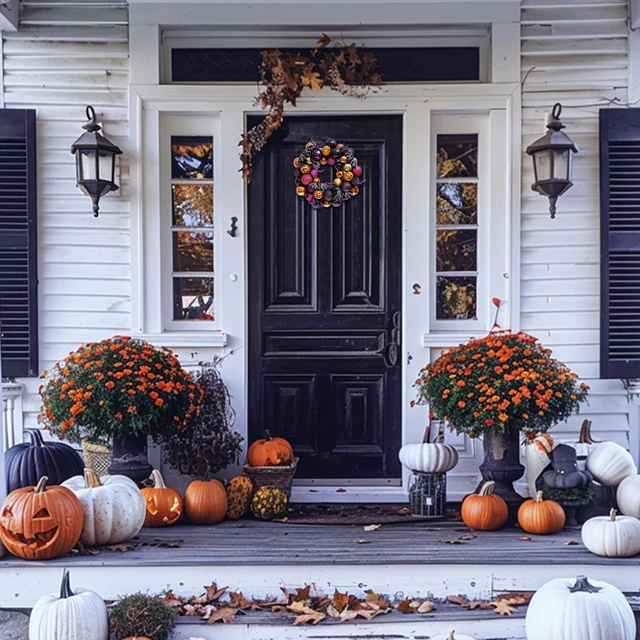 Alt view image 3 of 7 - Halloween Decorations 12" Pumpkin Wreath for Front Door | Pre-Lit 60ct Shatterproof Treat-or-Trick Ball Ornaments Wreath for Centerpiece Wall Indoor Home Party Decor