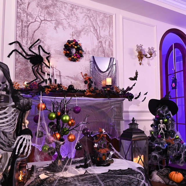 Alt view image 4 of 7 - Halloween Decorations 12" Pumpkin Wreath for Front Door | Pre-Lit 60ct Shatterproof Treat-or-Trick Ball Ornaments Wreath for Centerpiece Wall Indoor Home Party Decor